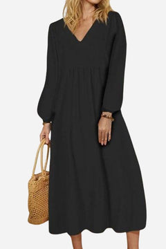 Yuna | V-Ausschnitt Ballonärmel Midikleid in Schwarz