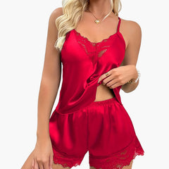 Kurzes Damenpyjama im sexy Stil für zu Hause - Set mit Top und Shorts mit Spitzenakzenten, ideal für Frühling-Sommer in Bordeaux