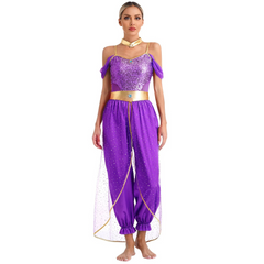 Damen Fantasy Halloween Jumpsuit | Schulterfrei im Harem-Stil in Lila