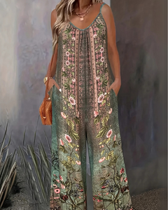 Damen Boho Jumpsuit Mit Blumenmuster | Ärmellos & Weites Bein in Grün