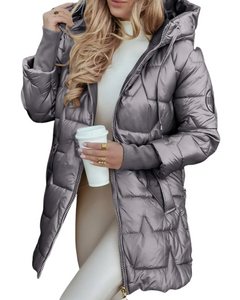 Nolwen | Eleganter Wintermantel mit Kapuze und Wattierung in Grau