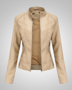 Luisa | Damen Klassische Hohem Kragen Lederjacke in Beige