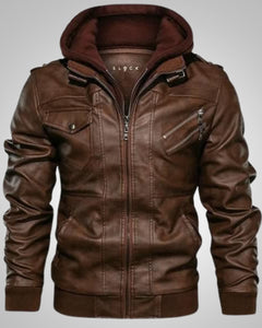 Emil | Herren Klassiker Leder Jacke mit Kapuze in Braun
