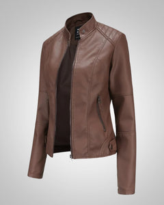Luisa | Damen Klassische Hohem Kragen Lederjacke in Braun