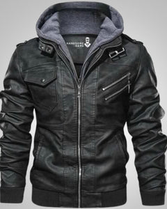 Emil | Herren Klassiker Leder Jacke mit Kapuze in Schwarz