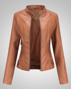 Luisa | Damen Klassische Hohem Kragen Lederjacke in Khaki