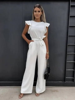 Willow | Rüschenärmel Tailliert Jumpsuit in Weiß