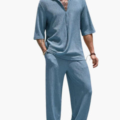 Herren Sommer Set mit Kurzarmhemd und elastischer Hose in Blau