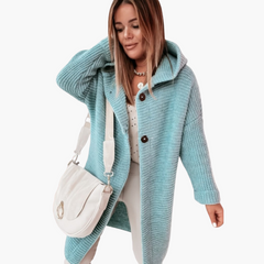 Damen Kapuzen Strickjacke mit offenem Schnitt und langen Ärmeln in Hellblau