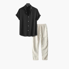 Herren Sommer Schlafanzug Set mit Kurzarmhemd und langer Hose in Schwarz