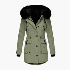 Damen Parka-Jacke mit Kapuze, Knopfverschluss und Pattentaschen in Grün