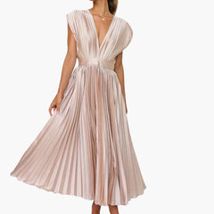 V-Ausschnitt Midi Abendkleid für Frauen - Elegante Faltenoptik in Champagner