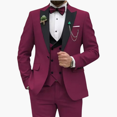 Herren Anzug dreiteilig mit Slim Fit und Kontrastrevers in Burgund