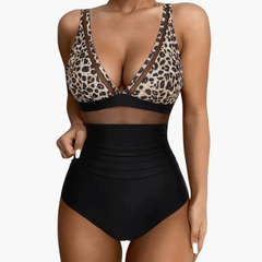 Badeanzug mit Mesh für Damen – sexy Einteiler High Waist in Leopard