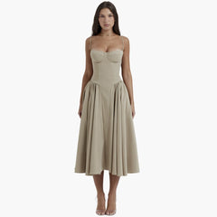 Midikleid Damen – Retro Corsagenkleid mit Trägern Sommer in Khaki