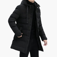 Herren Steppjacke Lang mit Kapuze und Reißverschluss in Schwarz