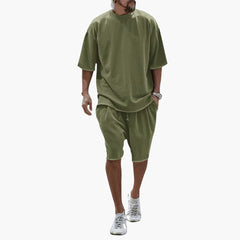 Herren Sommer Zweiteiler mit Kordelshorts und Oversize Shirt in Olivgrün