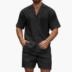 Herren Zweiteiler Set aus leichter Stoff mit Hemd und Shorts in Schwarz