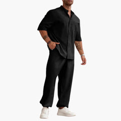 Herren Set mit Kurzarmhemd und langer Hose für Sommer in Schwarz