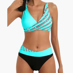 Glitzer Streifen Bikini - mit Damen High-Waist Schnitt in Blau