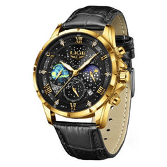 Stilvolle Mondphasen-Armbanduhr in Schwarz Gold