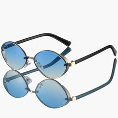 Damen Sonnenbrille mit ovalem Metallrahmen und UV400-Schutz in Goldblau