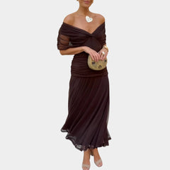 Lilian | Damen Off-Shoulder Elegantes Abendkleid in Braun