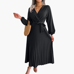 Elegantes Maxikleid mit langen Ärmeln für Damen - Plissee Design in Schwarz