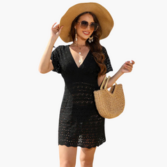 Häkel-Strandkleid - Damen Bikini Cover-Up im Boho-Stil in Schwarz