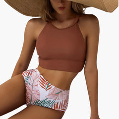 Blumenmuster High-Waist Bikini - Damen Zweiteiler für den Sommer in Braun