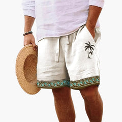 Herren Badeshorts Sommer mit Kordelzug und Palmenmuster in Beige