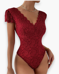 Damen Eleganter V-Ausschnitt Bodysuit | Kurzer Ärmel in Rot