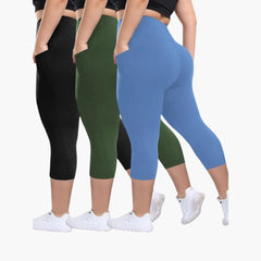 Capri-Leggings Set - Für Damen mit hoher Taille Sport in Schwarz/Grün/Hellblau