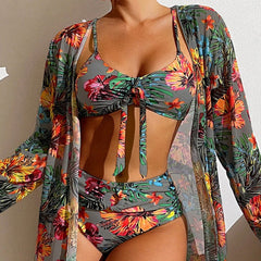 Lauryn® | 3-teiliger Bikini mit Blumen und Bademantel in Grau