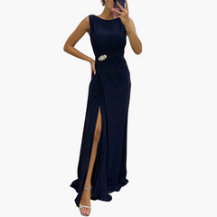Plissee Maxikleid mit Schlitz - Elegantes Damen Abendkleid in Marineblau