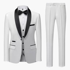 Herren Anzug dreiteilig mit rotem Besatz und Schalkragen in Weiß / 3 Pcs Satz