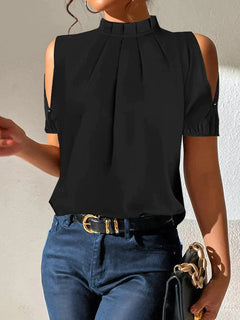 Schwarze Hohem Kragen Falten Bluse für Damen in Schwarz