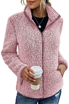 Fleece-Strickjacke mit Reißverschluss und Taschen für Frauen in Rosa