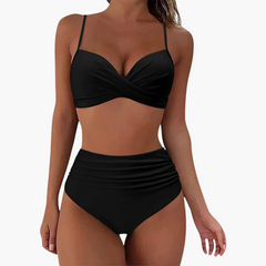 Zweiteiliges Bikini-Set - Damen Bademode mit Blumenprint & Bund in Schwarz