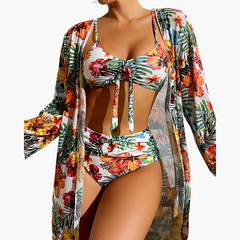 3-teiliges Bikini-Set - Damen Strand-Outfit mit Cover-up in Weiß