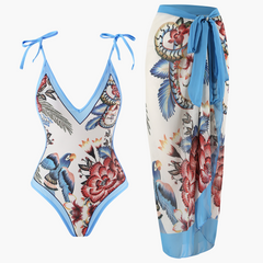 Badeanzug-Set für Damen - mit Blumenmuster und Pareo-Überwurf in Hellblau