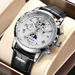 Chronographuhr mit hochwertigem Lederarmband in Silberweiß
