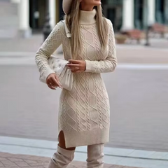 Damen Langarm Strickkleid | Midi in Aprikose