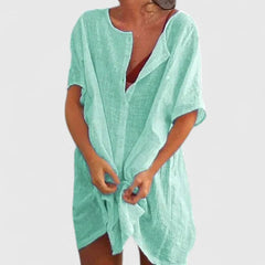 Sabina | Damen Lockeres Knopfleiste Shorts Strand Überwurf Kleid in Hellgrün