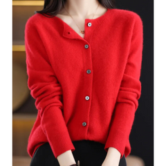 Damen Strickjacke mit O-Ausschnitt aus reiner Merinowoll in Rot