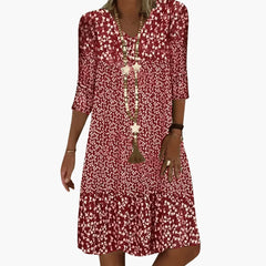 Midikleid für Damen - Locker, Blumenmuster & V-Ausschnitt in Rot