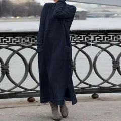 Yvonne® | Langes Wollbaumwollkleid in Blau