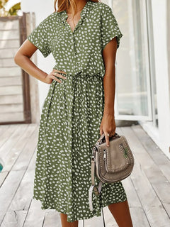 Kurzarm Print Midikleid mit Kordelzug für Damen in Grün