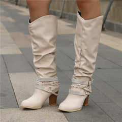 Vivian | Blockabsatz Gepolstert Kniehohe Stiefel in Beige