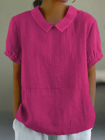 Kurzarm-Leinenbluse mit Kragen für Damen